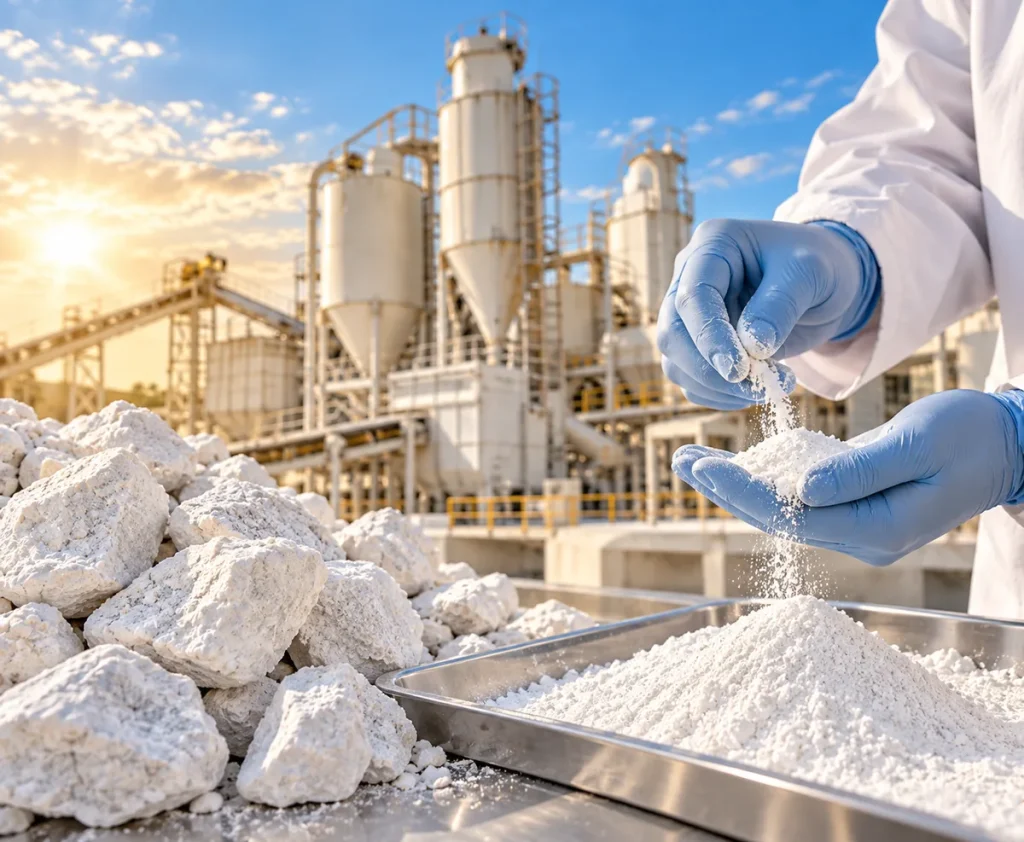 Quality inspection of fine white calcium carbonate powder at the El Wadi plant