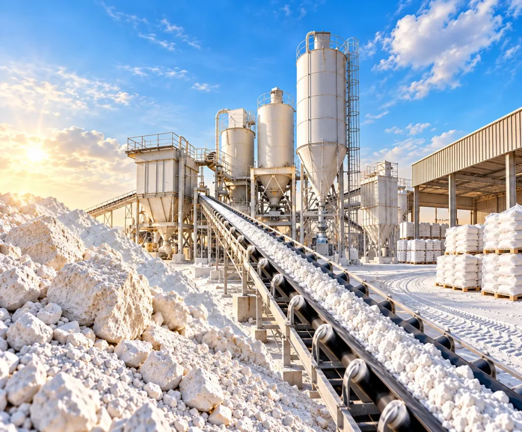 Calcium carbonate processing plant with conveyor belt, silos and packed bags ready for export